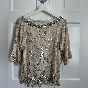 Vintage 100% Silk Sequin Embellished Silver and Cream Top